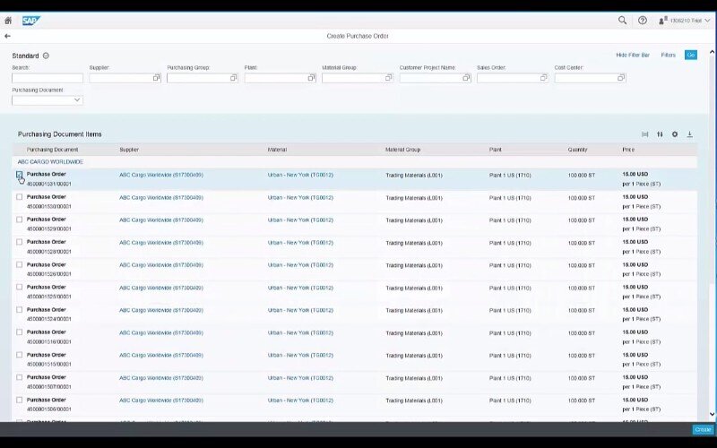 Purchase order screen showing suppliers, materials, quantities, and prices.