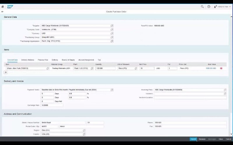 SAP Cloud ERP's (S/4HANA) create purchase order screen showing supplier, item, payment, and address details.