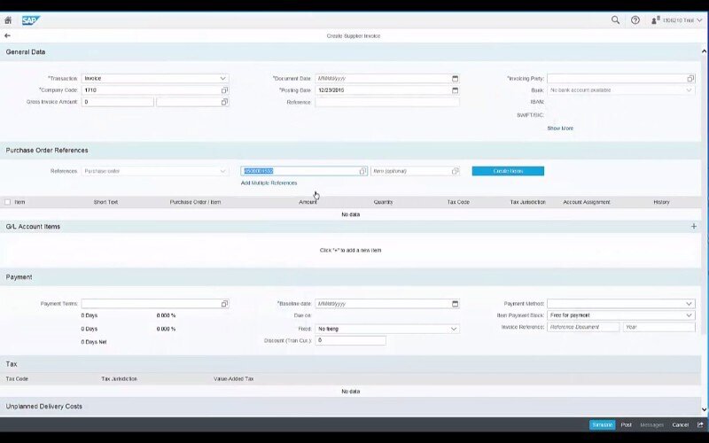 SAP S/4HANA's Supplier invoice screen showing purchase order references, payment, and tax details.