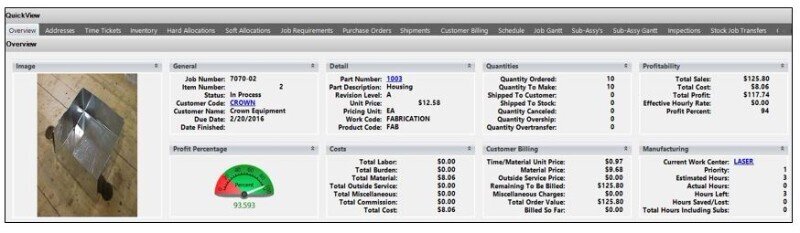 E2 Shop System Job overview showing customer, product, costs, quantities, and profitability details.