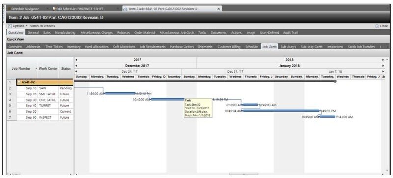 E2 Shop System's Production schedule showing job steps, work centers, and timelines.