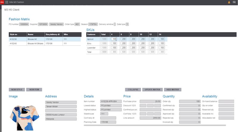 Infor Fashion matrix showing clothing styles, sizes, quantities, prices, and availability.