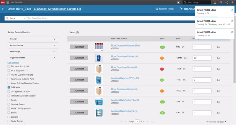 Infor M3's order overview featuring items, stock, price and quantities