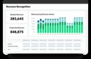 Sage Intacct's revenue recognition report, featuring booked and projected revenue numbers, a graph depicting revenues by revenue stream and a table featuring licenses, subscription package and totals.