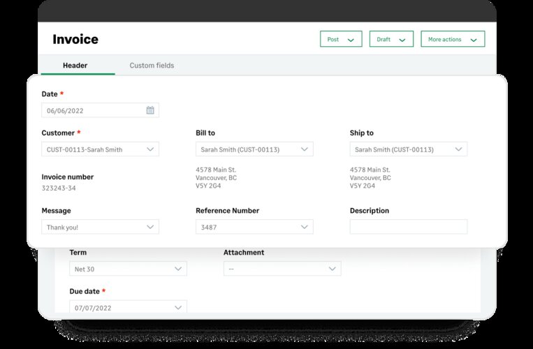Sage Intacct's invoice header menu with date, customer, invoice number, message, reference number, bill to, ship to and description values