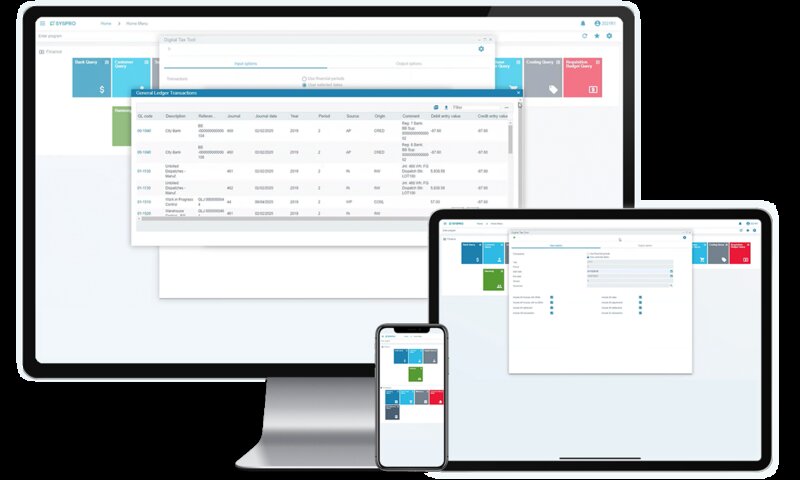 SYSPRO ERP's financial dashboard as seen on desktop, tablet and mobile, with tiles for different categories.