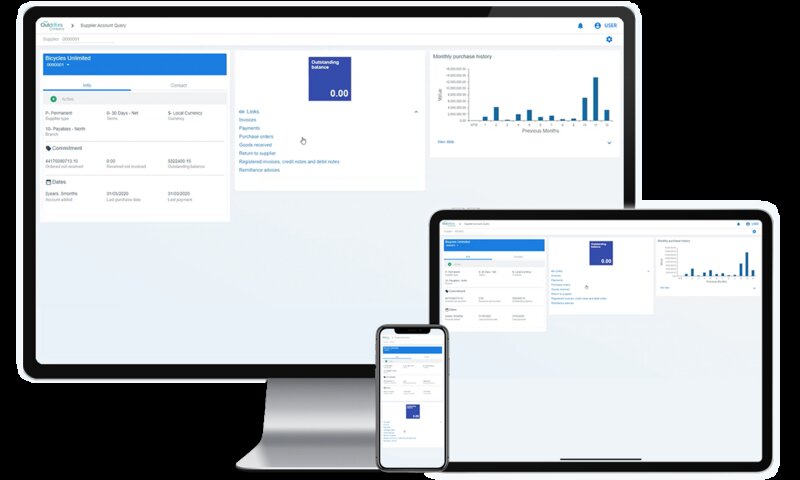 A cross-device overview of  a SYSPRO supplier account query. The 'links' include invoices, payments, purchase orders, goods received,  return to supplier, registered invoices/notes and  remittance info. 