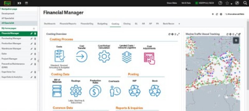 Sage X3 Financial manager map showing finance processes and management tools.