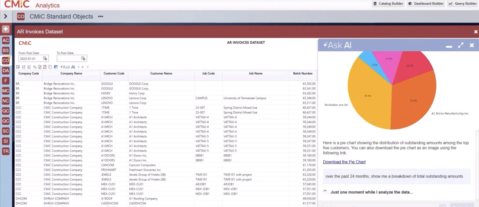 CMiC's Ask AI feature being used to break down and visualize outstanding amounts by customers