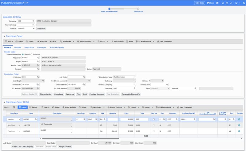 An overview of the general tab of CMiC's purchase order entry functionality 