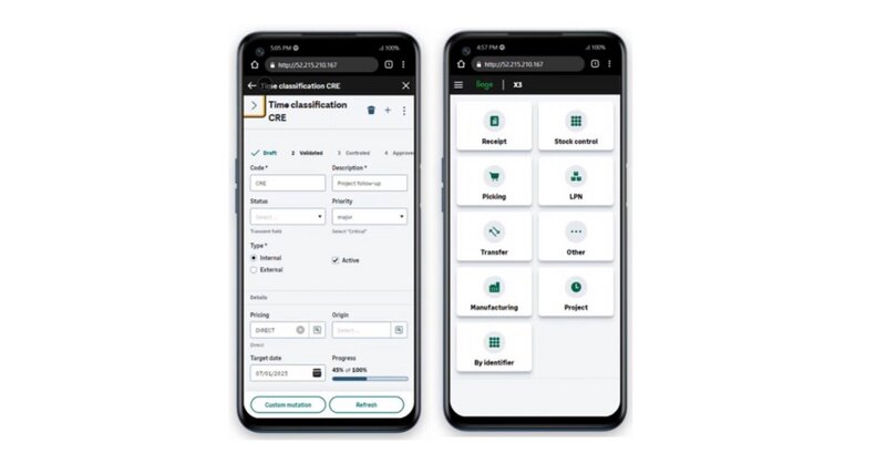 Mobile Sage X3 screens showing time classification and business functions.
